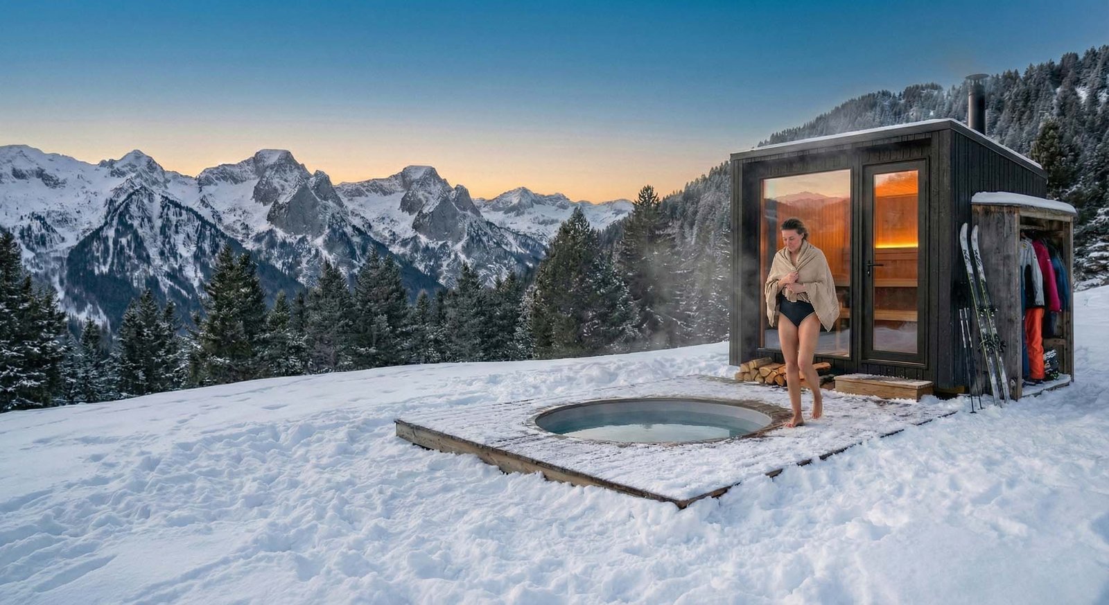 Deportista saliendo de una sauna finlandesa de leña hacia un baño de agua fría exterior en la nieve, con vistas a las montañas del Pirineo en Andorra.