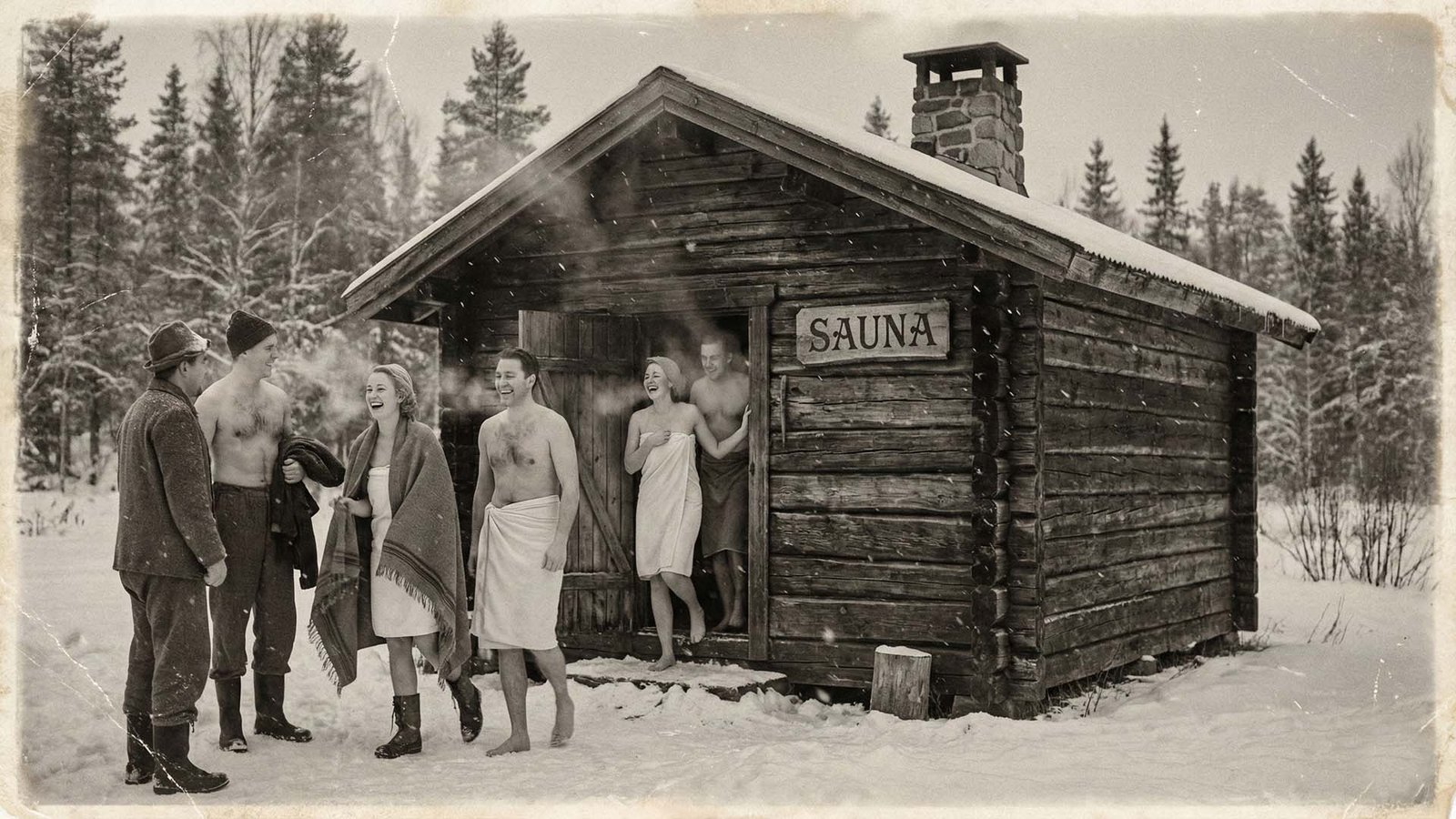 Sauna de madera en la nieve con personas saliendo al exterior; escena vintage que ilustra la historia de la sauna.